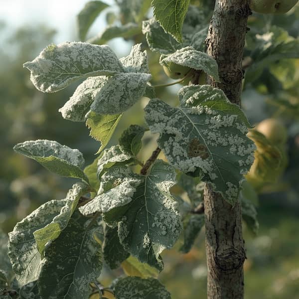علائم بیماری قارچی درخت سیب - سفیدک پودری روی برگ و شاخه
